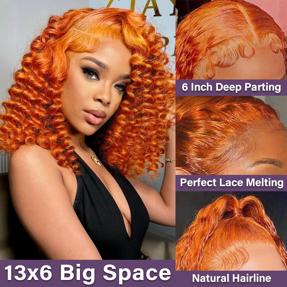 Hihmarm Ginger 13x6 HD Deep Wave Lace Front Bob Wig Human Hair Pre Plucked Bob Glueless Wig Human Hair Wet And Wave 180 Density Orange Curly Lace Frontal Wigs For Black Women 12 Inch