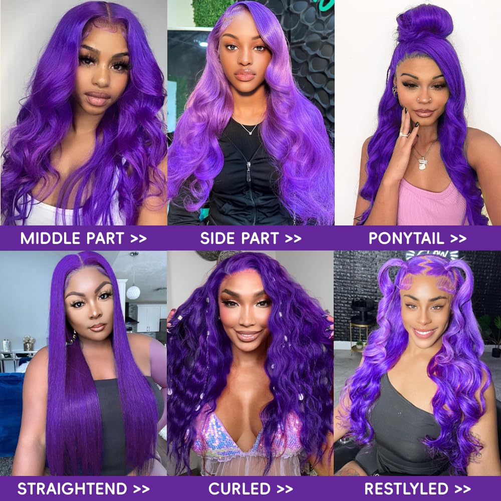 Purple wig Human Hair Body Wave Human Hair Wig Pre Plucked 200 Densily Purple Lace Front Wig Human Hair 13x4 HD Lace Frontal wig 32 Inch