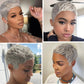 BOBCOO Short Grey Pixie Cut Wig for Black Women, Synthetic Layered Wavy Bob Hairpiece with Bangs, Light Grey Short Pixie Style (Layered)