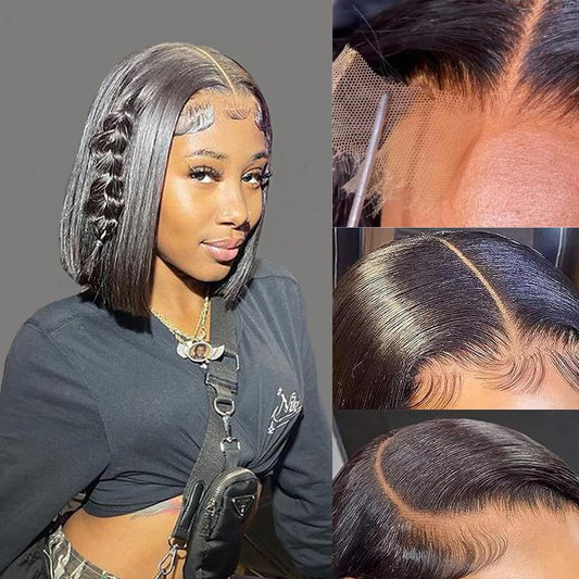 6X6 Bob Wig Human Hair Lace Front Wigs Human Hair Glueless Short Bob Wig Pre Plucked Transparent Wigs for Women 150% Density (6x6 Straight Bob Wig Black Color, 12 Inch)