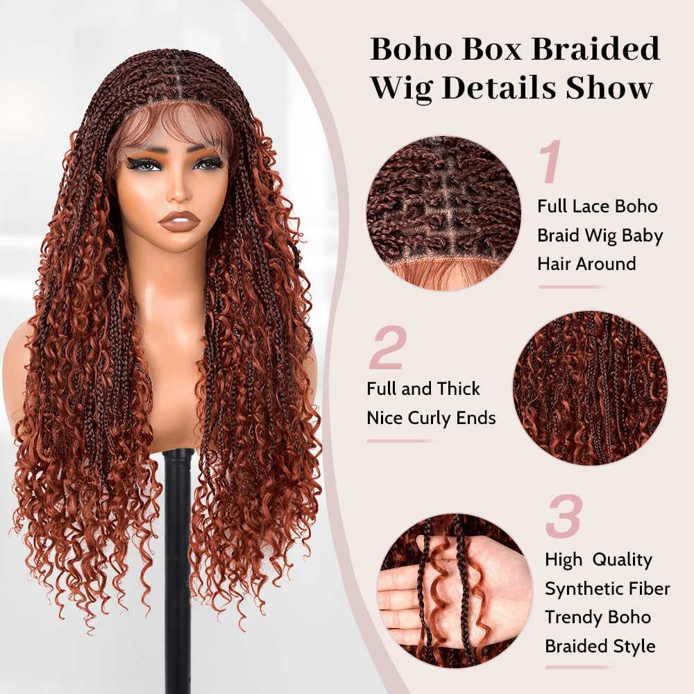 Suntefic Knotless Boho Box Braided Wigs for Black Women Glueless Double Full Lace Front Human Hair Blended Goddess Braid Wig with Baby Hair Bohemian Curly Ends (Boho Box-#1BT350, 28 Inch)