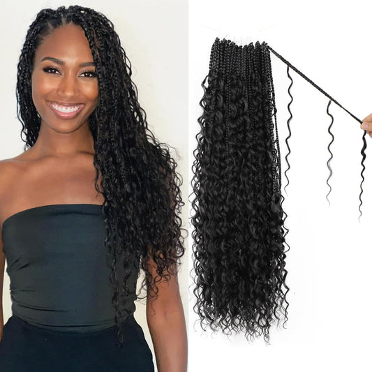 Boho Crochet Braids Pure Protein Fiber Close to Human Hair 14 Inch Goddess Box Braids with Soft Curls Bohemian Braids Crochet Hair for Black Women(14Inch 1B)