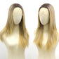 Fugady Blonde Ombre Glueless Layered Straight Lace Front Bob Wig With White Highlight 200 Density Pre Plucked Synthetic Heat Resistant Gold Wig With Baby Hair Colorful Lace Wigs For Women 22 inches