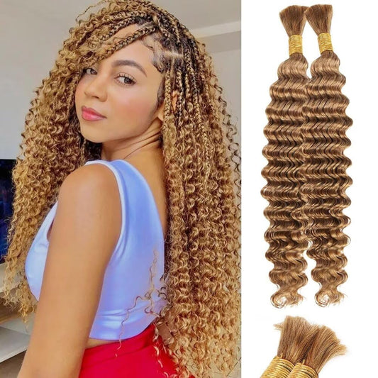 Blonde Human Braiding Hair Deep Water Wave Bulk Human Hair 100g 26 Inch Color 27 Curly Human Hair for Boho Braids Hair Extensions No Weft 2 Braids Per Pack Wet and Wavy