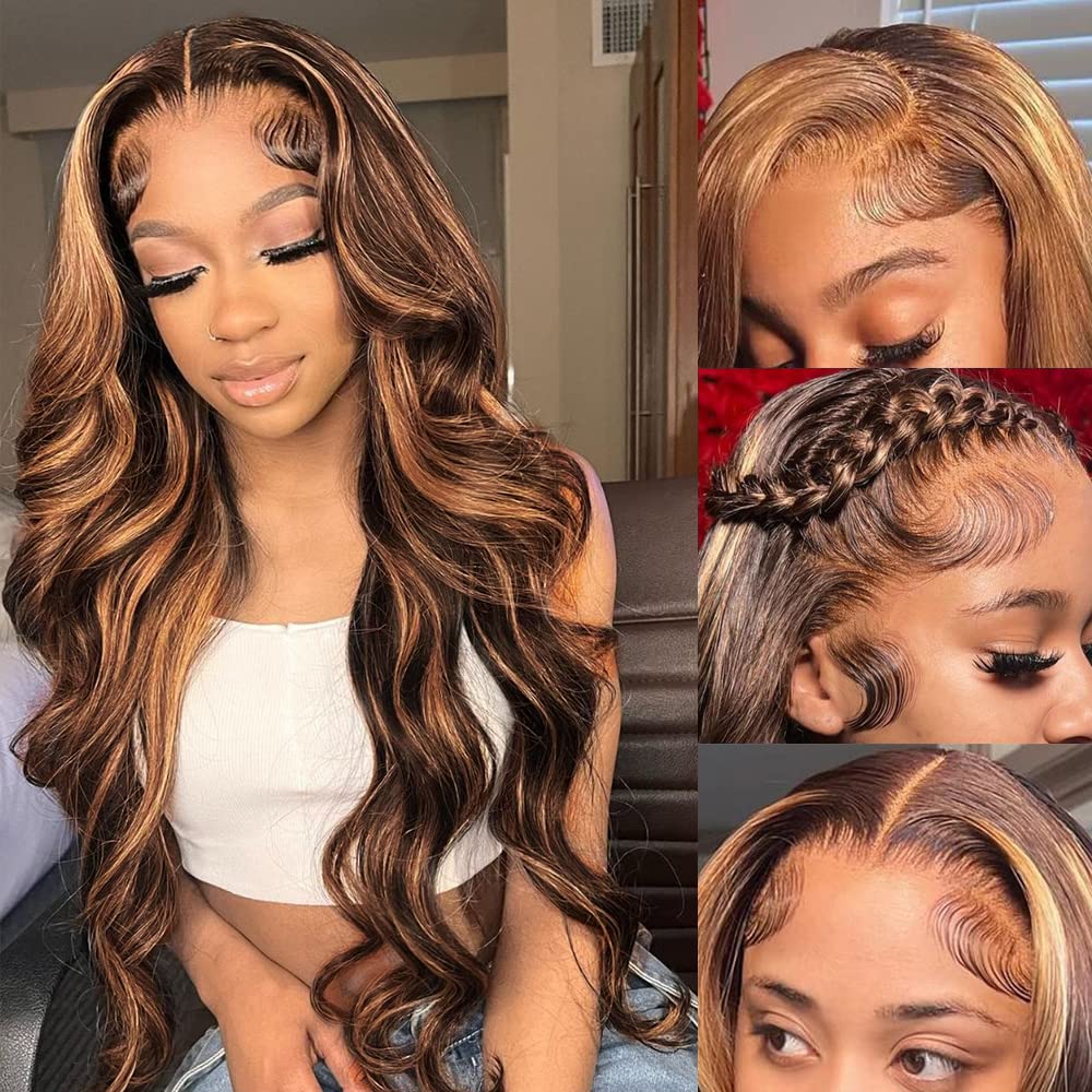 Loyom Highlight Ombre Lace Front Wig Human Hair Pre Plucked 13x4 HD Transparent Body Wave Lace Front Wigs Human Hair with Baby Hair 200 Density 4/27 Honey Blonde Lace Front Wig Human Hair 22 Inch