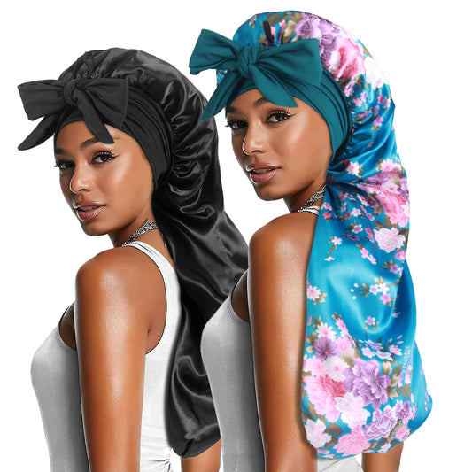 2pcs Long Satin Bonnets with Tie Band, Large Braid Bonnet Silky Hair Cap for Locs Women Sleeping, J