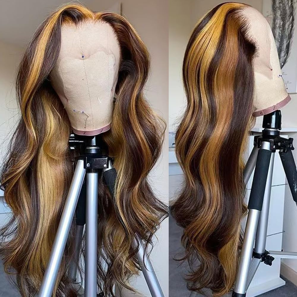 SISIFIRE Blonde Highlight Lace Front Wigs for Women Pre-plucked Hairline Glueless 13X4 Inch Synthetic Lace Front Wig with Baby Hair Long Loose Body Wave Wigs for Daily Party Wig