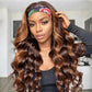 Colorful Queen Headband Wig Brown Highlight Headband Wigs for Black Women Ombre Body Wave Head Band Wig Glueless Half Long Wavy Wig with Headband 26 Inch
