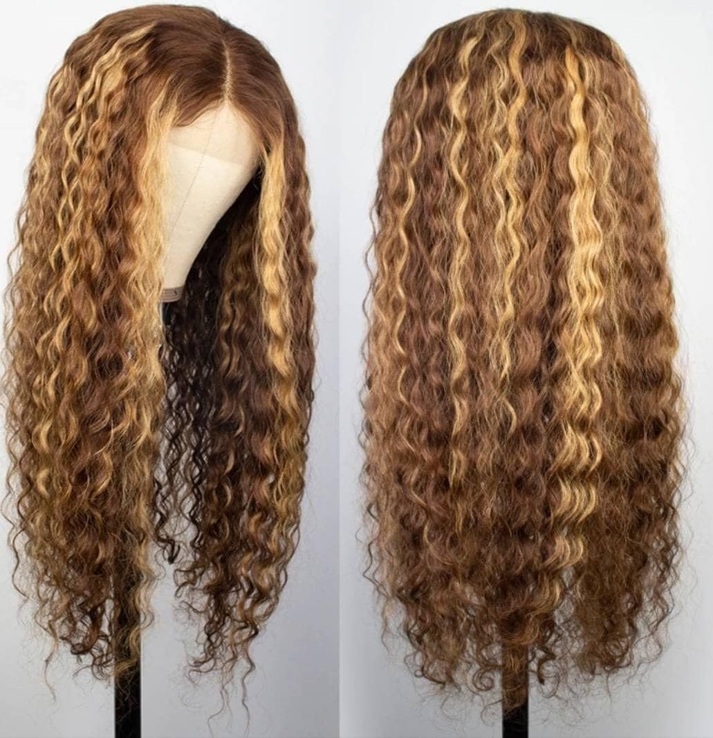 Chesma 28inch Highlight Ombre Lace Front Wig Human Hair 13x4 HD Honey Blonde 4/27 Deep Wave Lace Frontal Wigs Glueless Wigs 180 Density