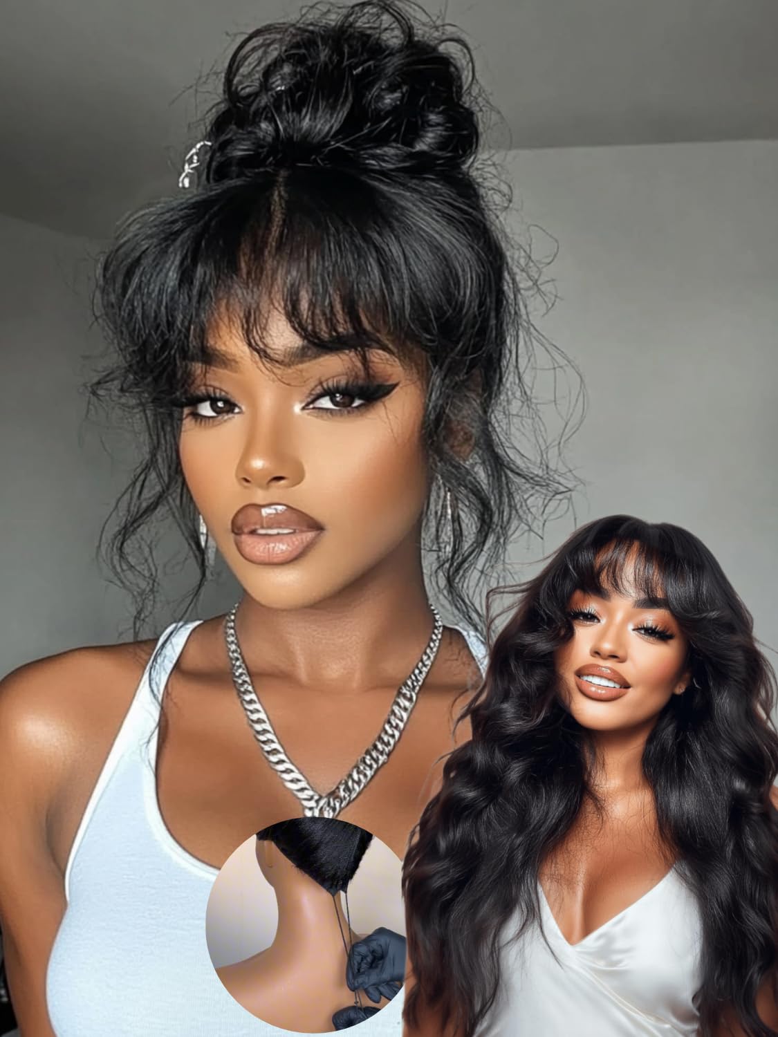 Sunber Bye Bye Knots 7x5 Lace Front Glueless Fluffy Natural Loose Wave Curtain Bangs Wig 180% Density Human Hair Wigs Pre Plucked Invisible Knots Pre Everything 3S Ready to Wear 16Inch