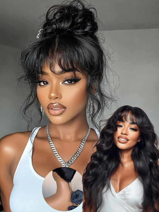 Sunber Bye Bye Knots 7x5 Lace Front Glueless Fluffy Natural Loose Wave Curtain Bangs Wig 180% Density Human Hair Wigs Pre Plucked Invisible Knots Pre Everything 3S Ready to Wear 20Inch