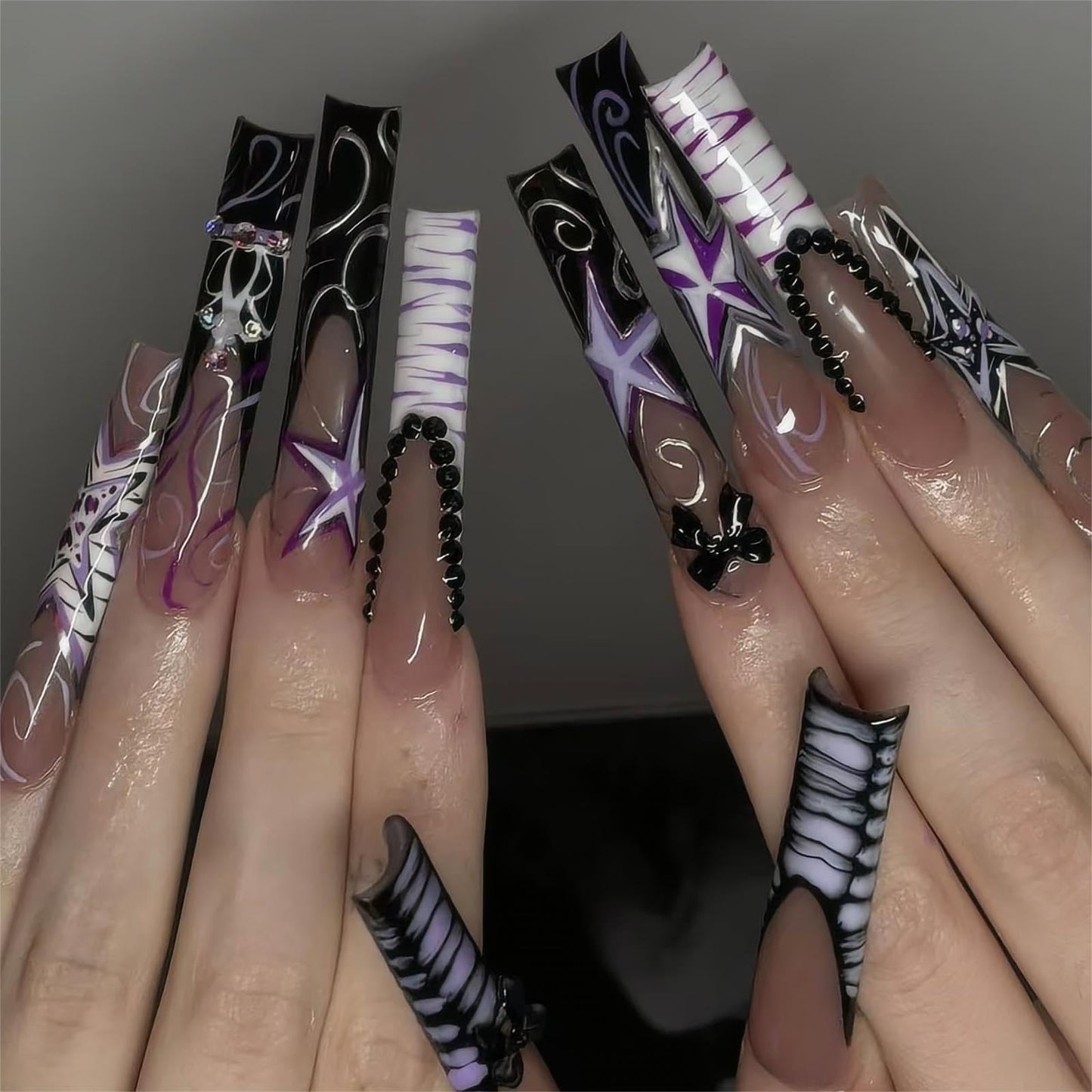 RTKHFZE Extra Long Press on Nails Square Black and Nude Fake Nails with Design,Holiday Press on Nails Hot Girls False Nails 24pcs