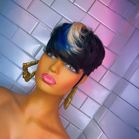 QiaQiaRing Pixie Cut Wigs For Black Women Short Layered Pixie Wigs with Bangs Chic Elegent 1b/613/blue Color Glueless Brazilian Virgin Straight Wigs (1B/613/BLUE)