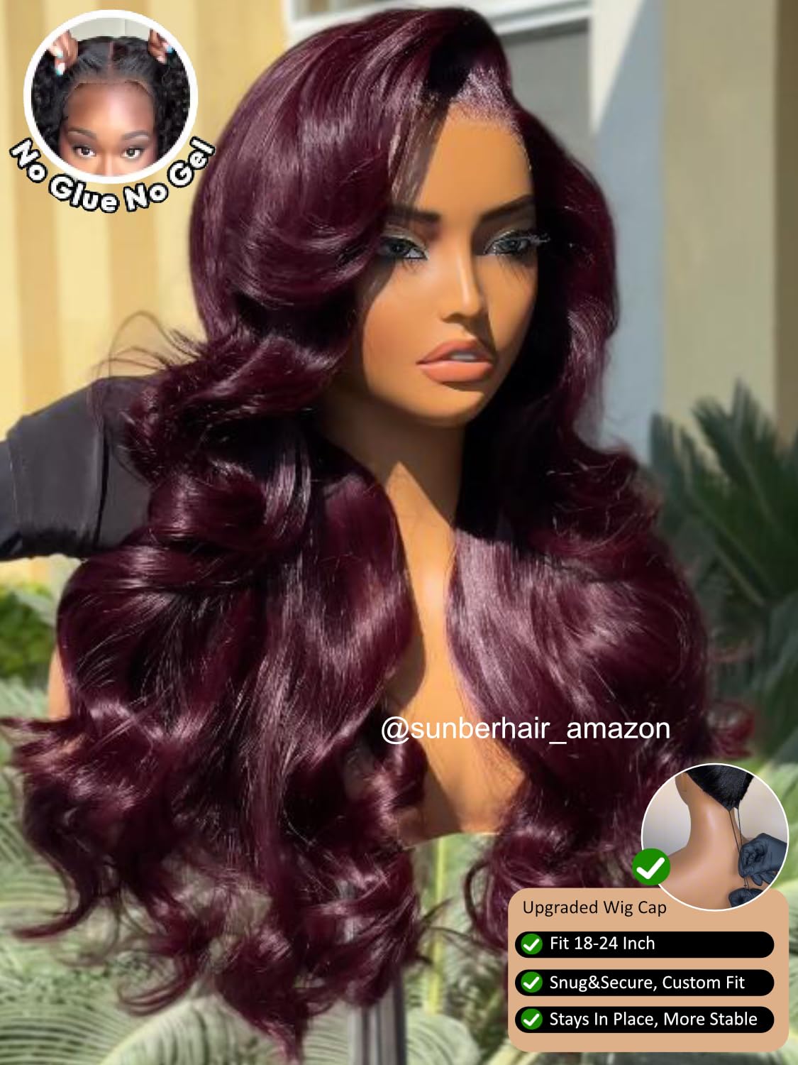 Sunber Purple Black Cherry Loose Body Wave With Drawstring Wig Bye Bye Knots 13x4 Pre-Everything Lace Frontal Glueless Wigs Pre Plucked Pre Bleached Knots 180% Density 16Inch 3S Put On and Go Wigs