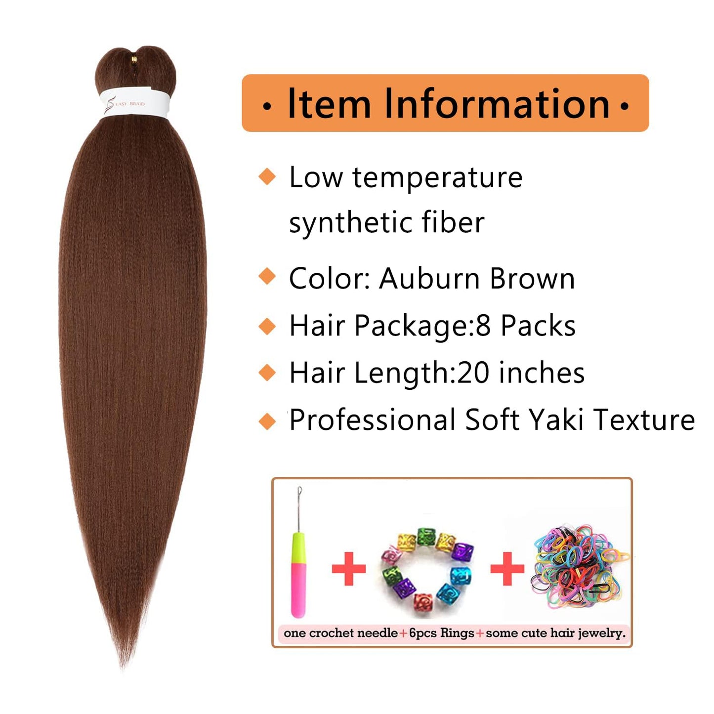 Ubeleco Brown Braiding Hair Pre Stretched 20 Inch 8 Packs Color 30 Braiding Hair Auburn Soft Yaki Texture, No Itch, Hot Water Setting Synthetic Hair Extensions For Braids(20in,30#)