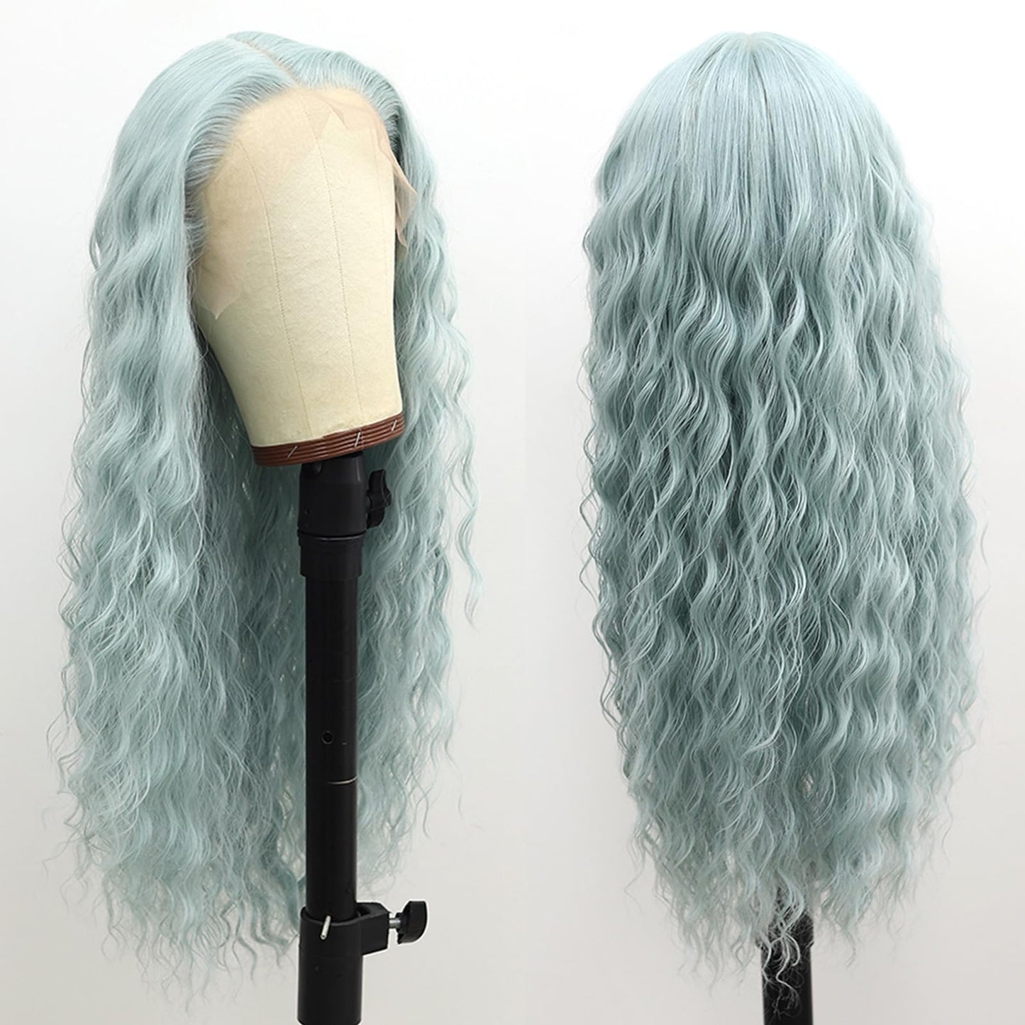 Fugady Mint Green Glueless Curly Wigs Light Green Heat Resistant Synthetic Fiber Lace Front Wig Pre Plucked 200 Density Long Loose Wave Wig With Baby Hair Colorful Wigs For Women 26 inches