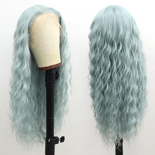 Fugady Mint Green Glueless Curly Wigs Light Green Heat Resistant Synthetic Fiber Lace Front Wig Pre Plucked 200 Density Long Loose Wave Wig With Baby Hair Colorful Wigs For Women 26 inches