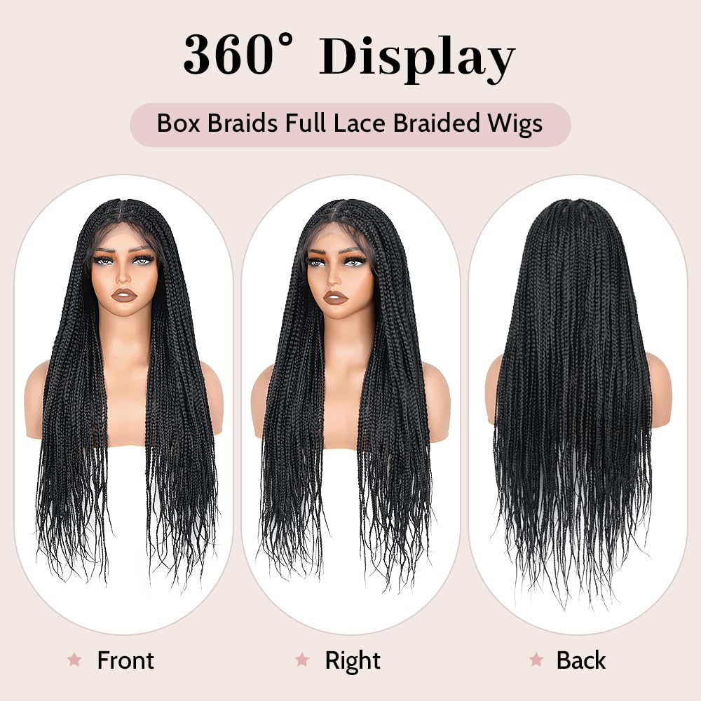 Suntefic Box Braided Wigs for Black Women Glueless Box Braids Wig with Baby Hair Double Full Lace Front Braid Wig Human Hair Blended Braided Wigs (Box Braid（Black）