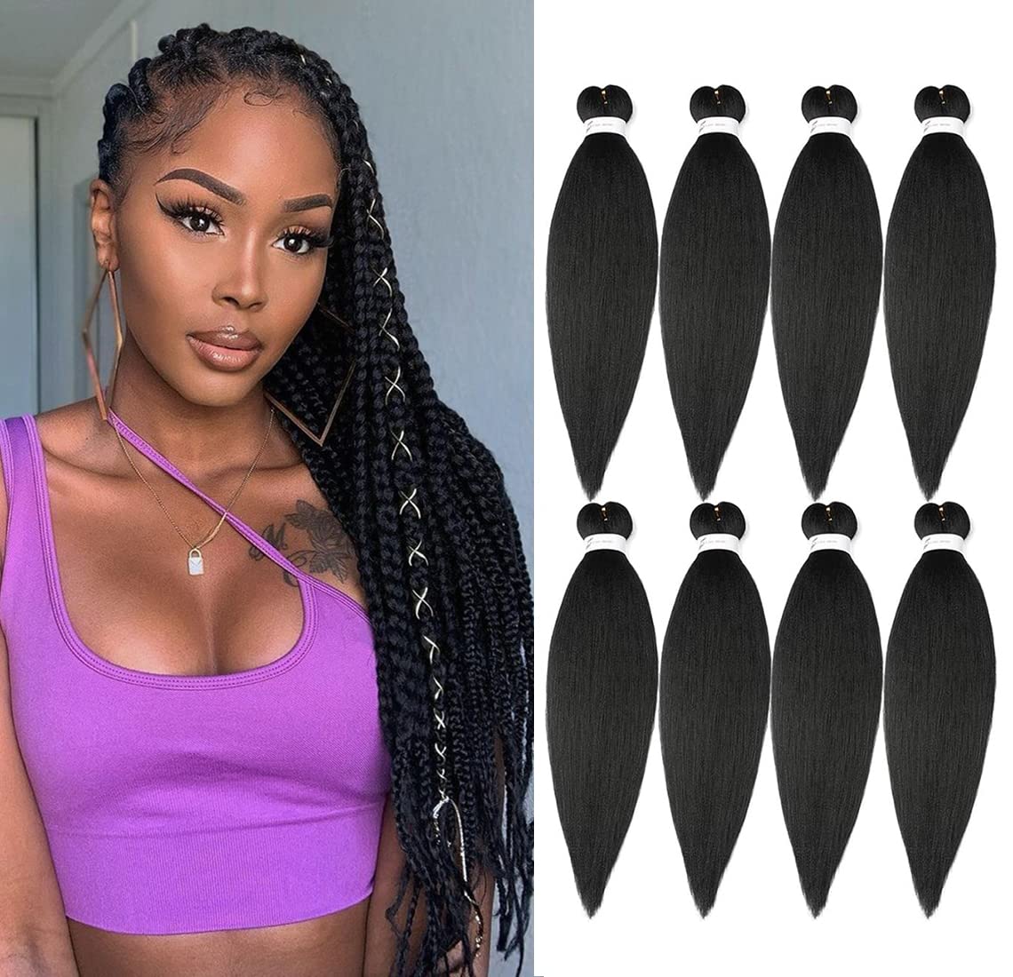 Braiding Hair pre stretched 20 Inch 8 Packs Prestretched Braiding Hair Extensions For Braids Easy Braid Synthetic Professional Soft Yaki Texture,No Itch(20in,1b#)