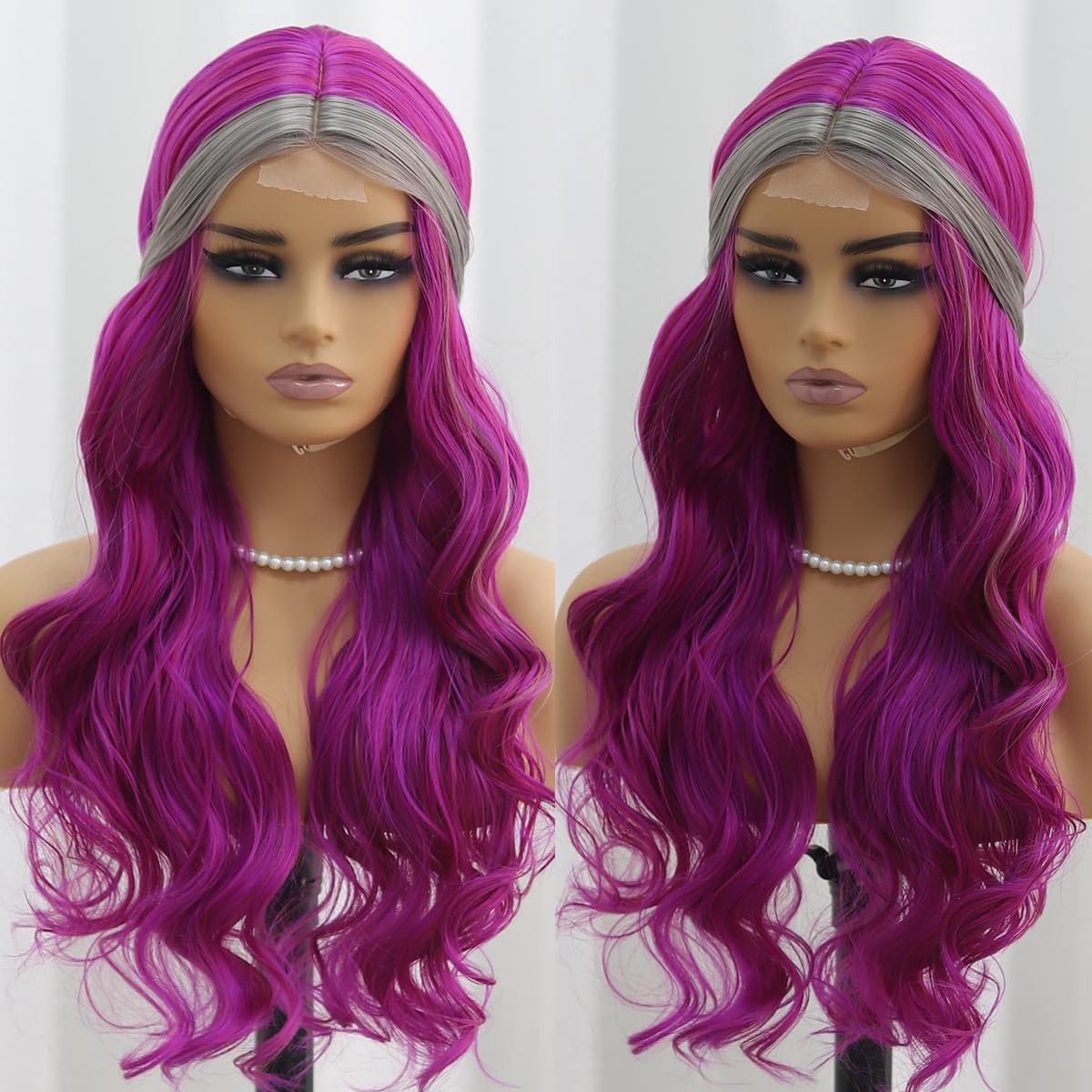 SISIFIRE Purple Gray Highlight Wavy Wigs for Women Synthetic Small Lace Front Wig Long Curly Wavy Wigs for Daily Party Use Heat Resistant Fiber Wig