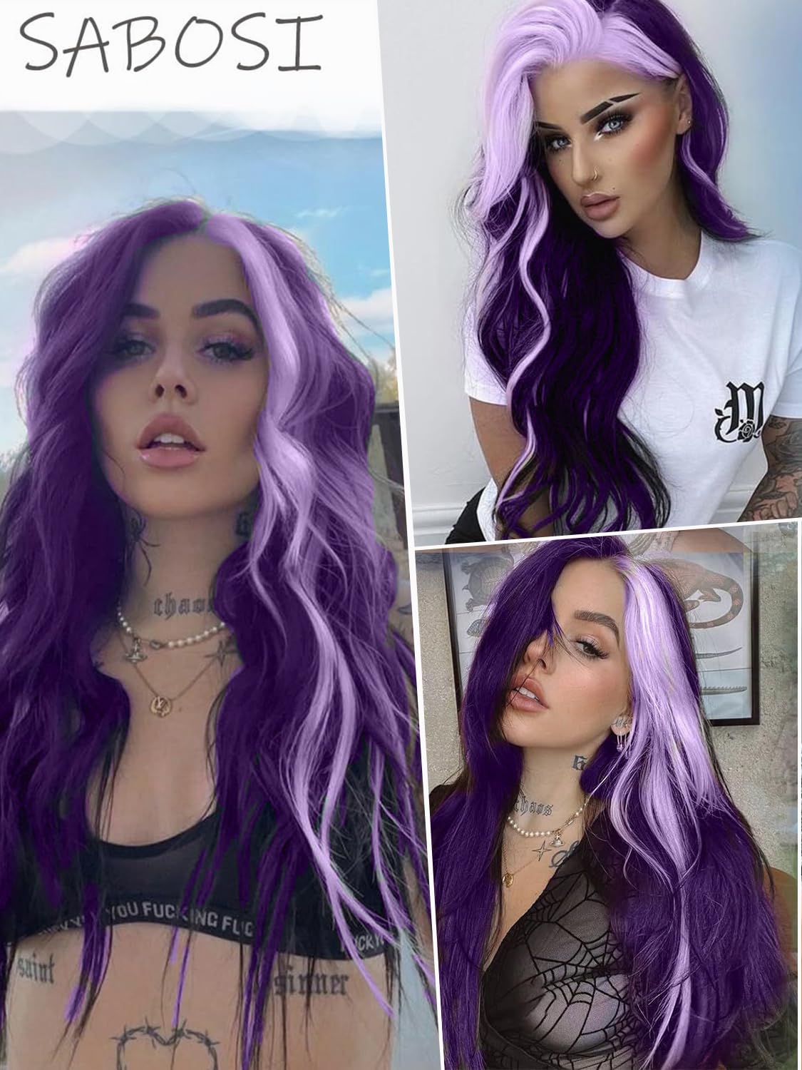 Sabosi Long Wavy Purple Wigs for Women 26 Inch Middle Part Curly Wavy Wig Natural Looking Synthetic Heat Resistant Fiber Wig for Daily Party Use