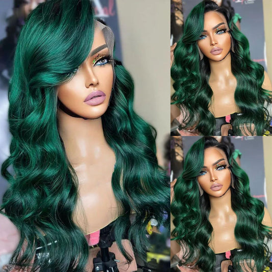SISIFIRE Lace Front Wigs for Women Green Hair with Black Roots Loose Curly Wave Synthetic Body Wave Heat Resistant Fiber with Baby Hair Pre Plucked for Daily Use