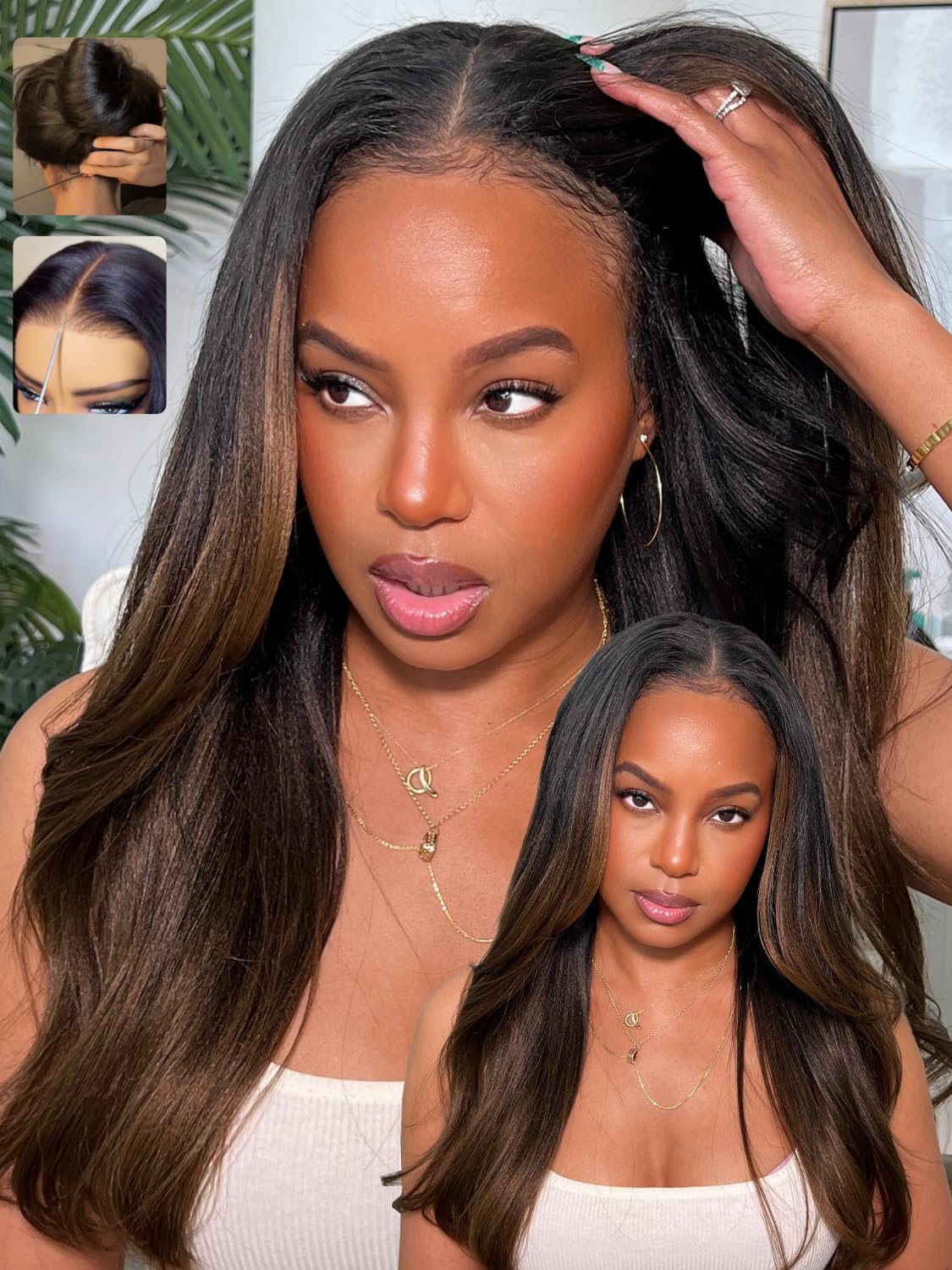 Sunber Ombre Chestnut Yaki Straight Human Hair Wigs with Drawstring Put and Go Bye Bye Knots Pre Cut 7x5 HD Lace Front Glueless Yaki Wigs Pre Plucked Invisible Knots 3S Wear 24Inch Beginner friendly