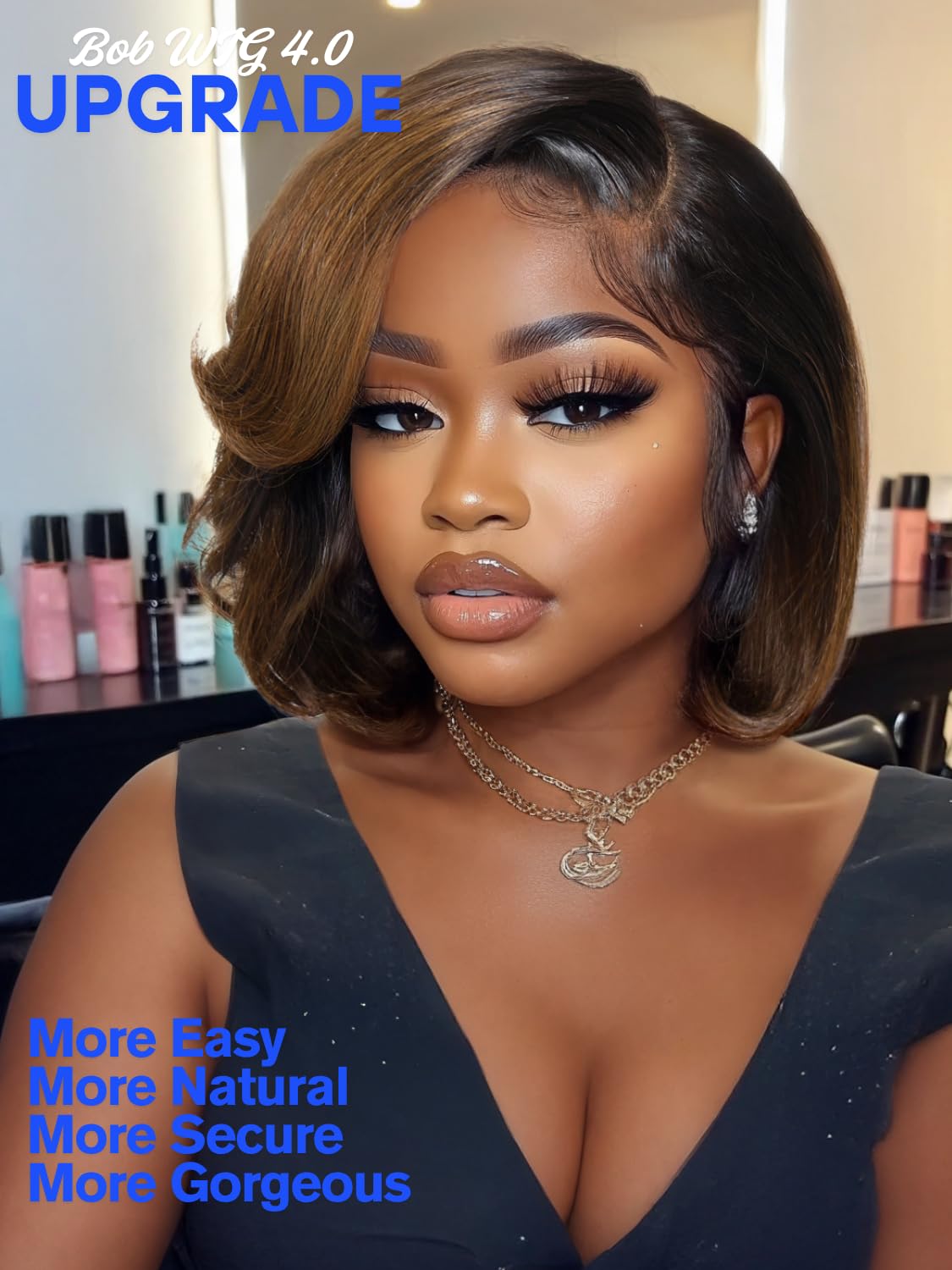 Nadula Glueless Bye Bye Knots Short Bob Drawstring Wig human Hair with Blow Out Bangs, Black to Chestnut Brown Ombre Pre Cut 7X5 HD Lace Front Wigs Pre Plucked Bleached Knots Ready to Wear 10inch
