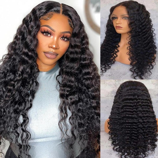 13x4 Deep Wave Lace Frontal Wig, Women's Human Hair, Black (16 inch)