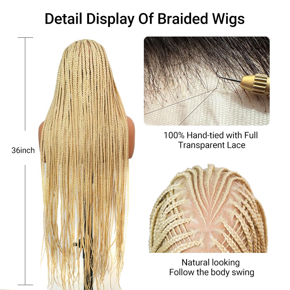 SUPERNOVA Blonde Full Lace Boho Braided Wig 613# Colored Synthetic Hair Box Braids Wig With Baby Hair Special Top Design Transparent Lace Long Highlight Knotless Braided Wigs For Black Women 36 Inch