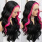 Fugady Black With Pink Highlight Body Wave Glueless Wig 13x4 Highlighted Heat Resistant Synthetic Lace Front Wig Pre Plucked 200 Density Loose Wave Wig With Baby Hair Colorful Wigs For Women 26 inch