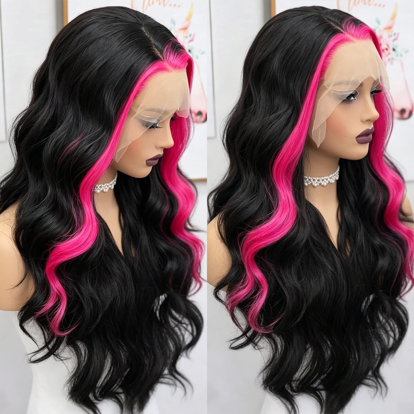 Fugady Black With Pink Highlight Body Wave Glueless Wig 13x4 Highlighted Heat Resistant Synthetic Lace Front Wig Pre Plucked 200 Density Loose Wave Wig With Baby Hair Colorful Wigs For Women 26 inch
