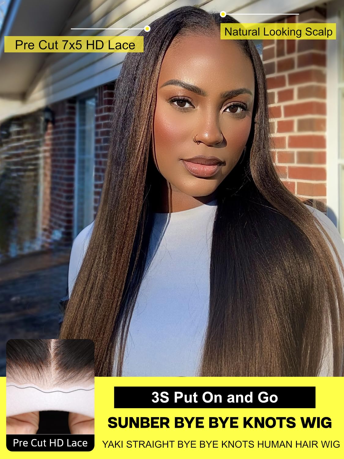 Sunber Ombre Chestnut Yaki Straight Human Hair Wigs with Drawstring Put and Go Bye Bye Knots Pre Cut 7x5 HD Lace Front Glueless Yaki Wigs Pre Plucked Invisible Knots 3S Wear 24Inch Beginner friendly