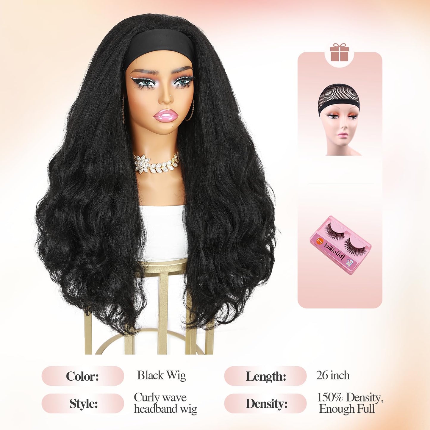 Quantum Love Yaki Curly Headband Wigs for Black Women Kinky Straight Black Headband Curly Ends 26inch Synthetic Wear and Go Glueless half Wig with Headbands Attached