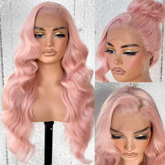 13x6 Pink HD Glueless Body Wave Lace Frontal Wigs Pre-Plucked Similar Human Hair 200 Density Synthetic Pastel Pink Wig for Black Woman Ready to Wear