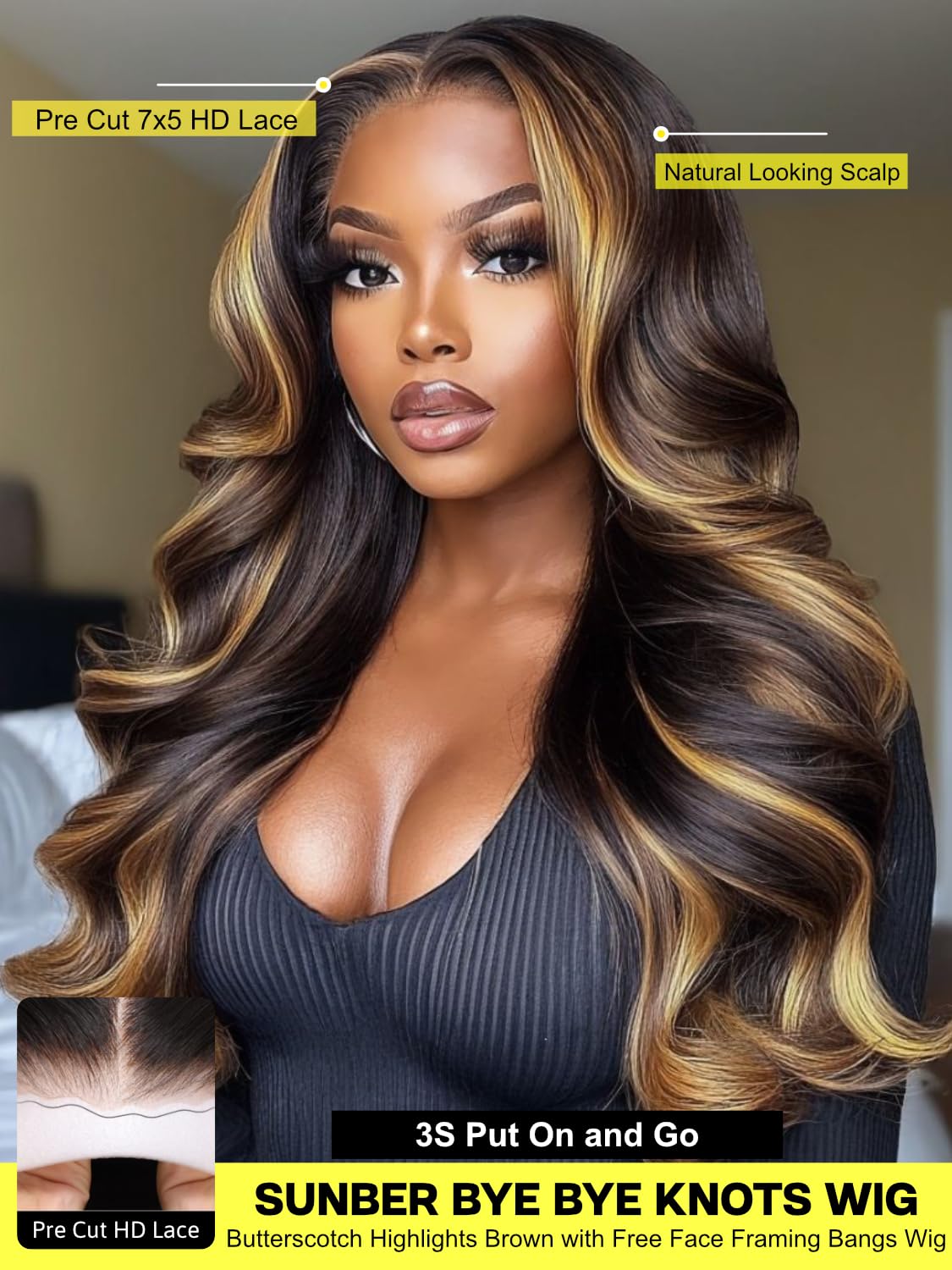 Sunber Butterscotch Highlights Brown with Free Face Framing Bangs Wig Pre Cut 7x5 Bye Bye Knots Lace Loose Wave Glueless Wigs 150% Density Pre Plucked Pre Bleached Knots 150% Density 20Inch Put On Wig