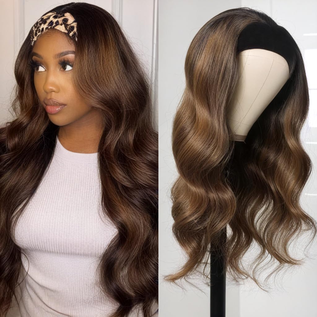 olimaruly Body Wave Headband Wig Human Hair Highlight Ombre 22 Inch Glueless None Lace Front Wigs Brazilian Virgin Hair #4/27 Honey Blonde Headband Wigs for Black Women 150% Density