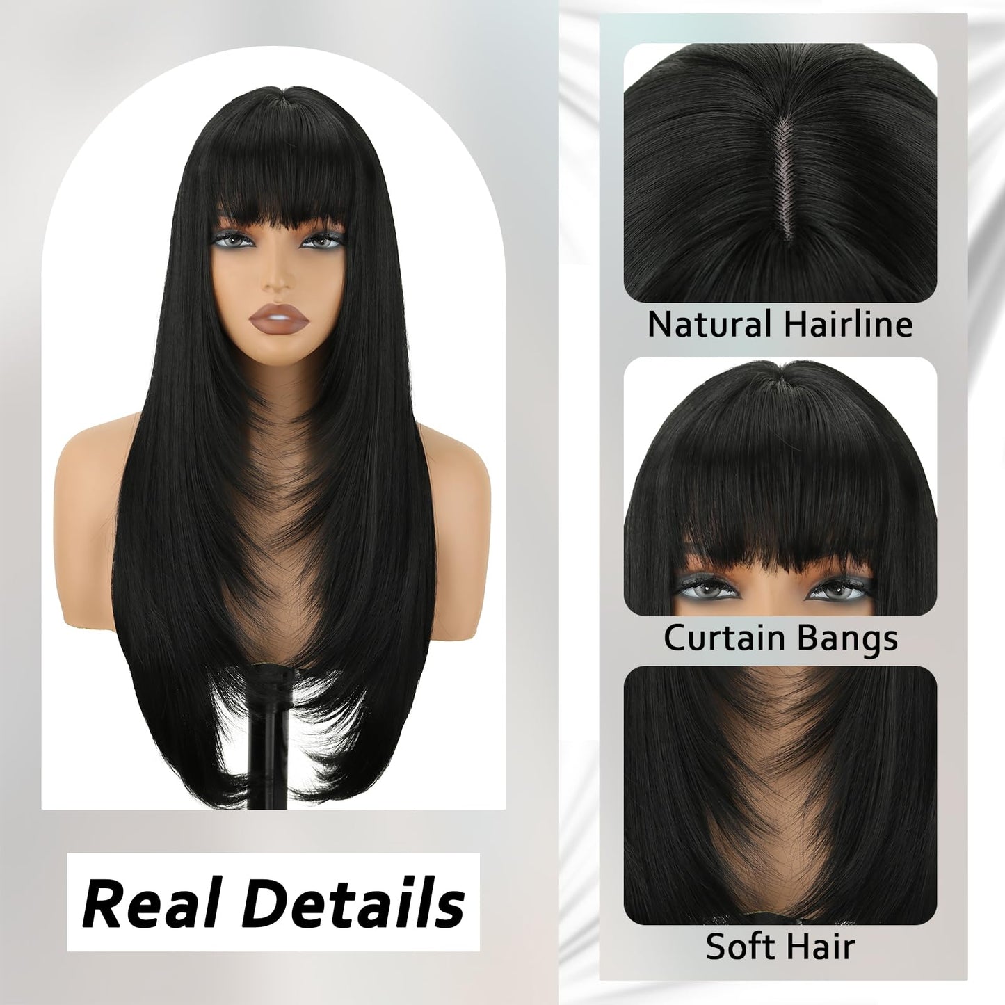 NOVFLKW Black Long Straight Layered Wig with Bangs for Women 26 inch Put on Go Realistic Synthetic Heat Resistant Natural Wig for Girls Party Cosplay and Daily Use