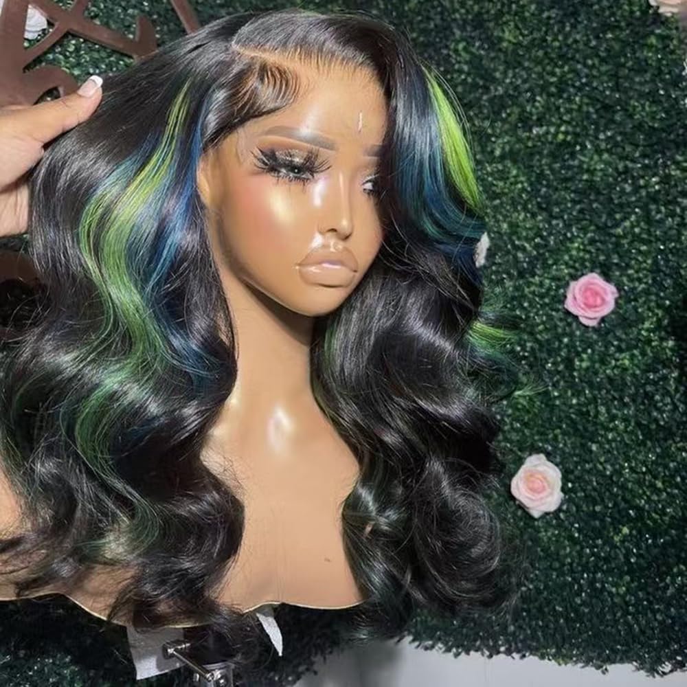 SISIFIRE Blue Green Highlight Lace Front Wigs for Women Pre-plucked Hairline Glueless 13X4 Inch Synthetic Lace Front Wig with Baby Hair Long Loose Body Wave Wigs for Daily Party Wig