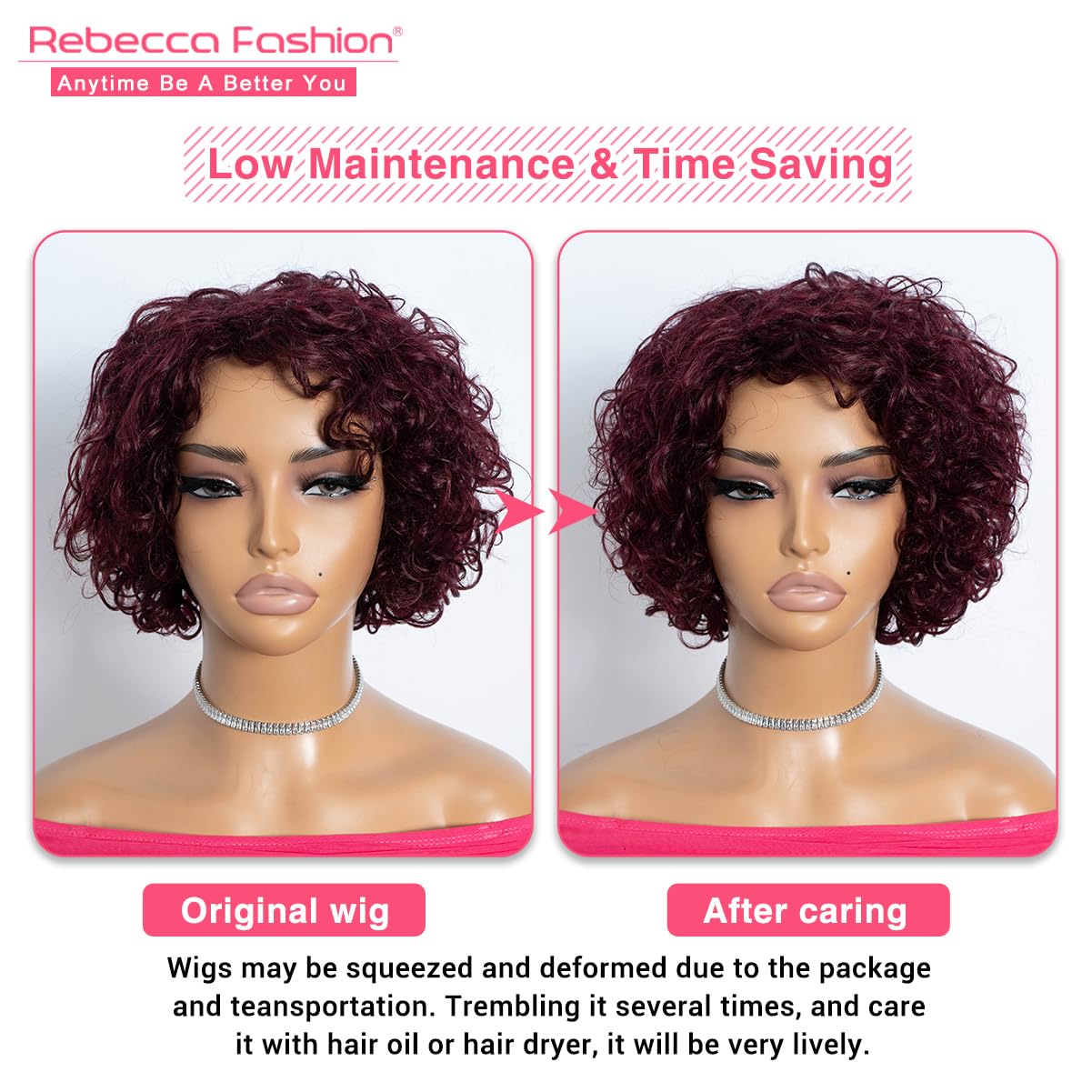 Rebecca Fashion 99J Burgundy Short Curly Human Hair Wigs for Black Women Cute Curly Bob Wig Side Part Non Lace Glueless Wigs Brazilian Remy Natural Looking
