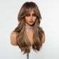 Tumhorn Long Brown Layered Wig with Curtain Bangs for Women Highlight Brown Mixed Blonde Wavy Wig Natural Looking Heat Resistant Synthetic Wigs for Daily Party Use