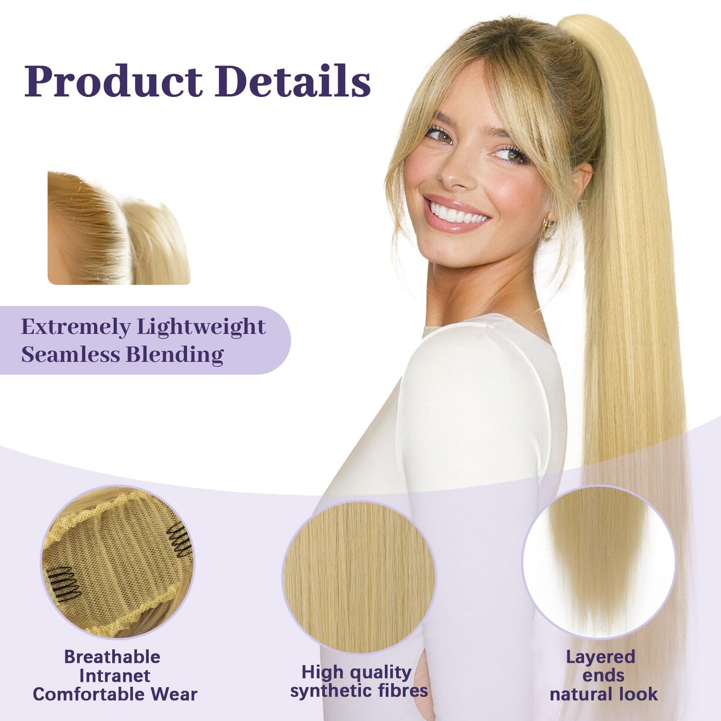ORSUNCER Drawstring Ponytail Extension, Long Straight Pony Tails Hair Extensions Natural Soft Clip in Ponytail for Women Synthetic Hairpieces Blonde Highlight