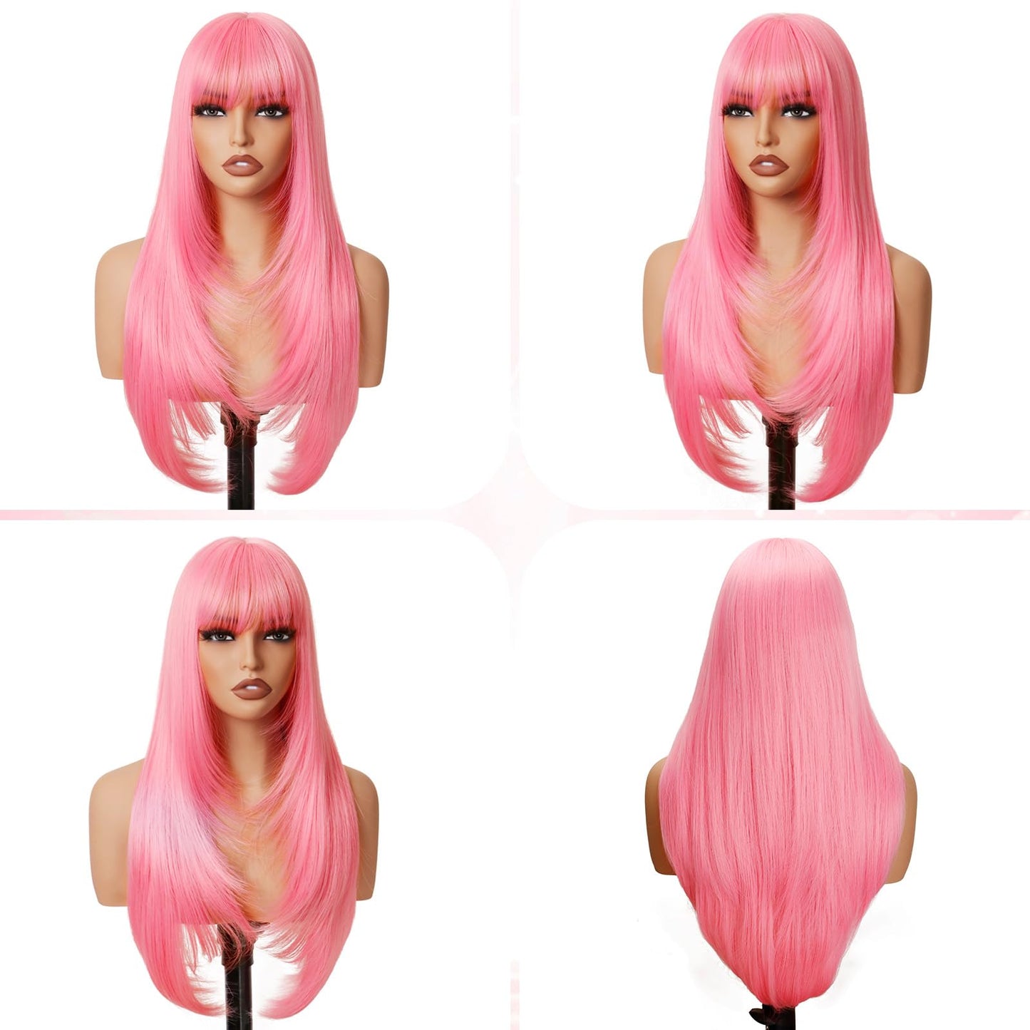 NOVFLKW Light Pink Long Straight Layered Wig with Bangs for Women 26 inch Put on Go Realistic Synthetic Fiber Heat Resistant Natural Wig for Girls Party Cosplay and Daily Use