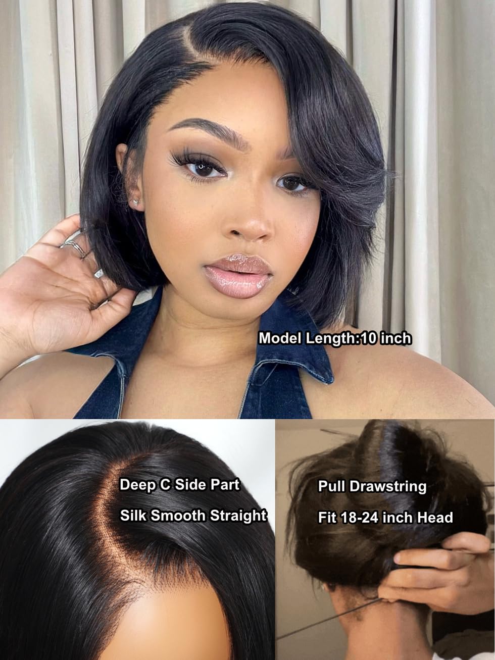 UNICE 8 inch Short Layered Bob Drawstring Wig Human Hair with Side Swept Bangs Bye Bye Knots 7x5 Lace closure Glueless Wigs Human Hair Pre Plucked Pre Cut Read to Wear