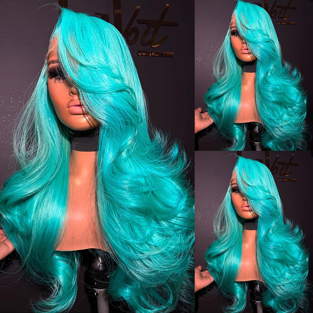 SISIFIRE Green Body Wave Lace Front Wigs for Women 13*4 Inch Long Deep Curly Wave Synthetic Lace Front Wig with Baby Hair Preplucked Hairline Glueless Lace Wigs