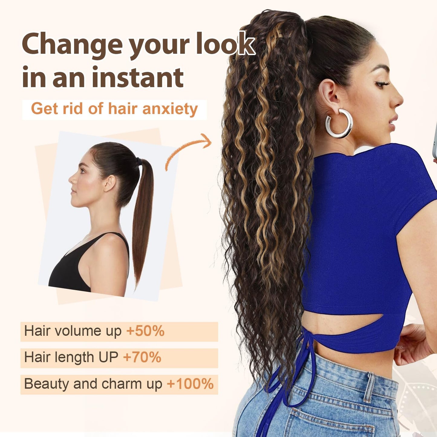Flufymooz Ponytail Extension, 26 Inch Bohemian Style Drawstring Ponytail Hair Extensions for Women, Long Curly Wavy Ponytail Natural Synthetic Hairpiece for Women (26 Inch Almond brown)