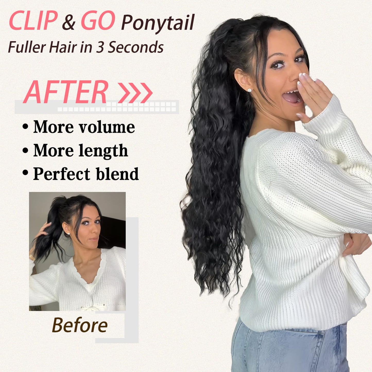 ORSUNCER Claw Long Wavy Ponytail Extension Black Brown 30" Curly Pony Tail Clip in Hair Extensions for Women fluffy Natural Looking Synthetic Hairpiece for Daily Use