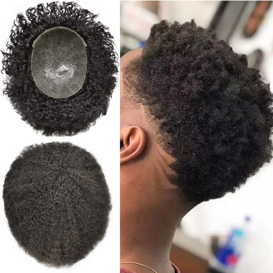 Man Weave Hair Unit for Black Men Curly Afro Brazilian Hair Replacement System Wig for American African Black Men Full Poly Skin All PU Injected Wave Hairpiece (1B# Off Black, 6MM Afro Wave)