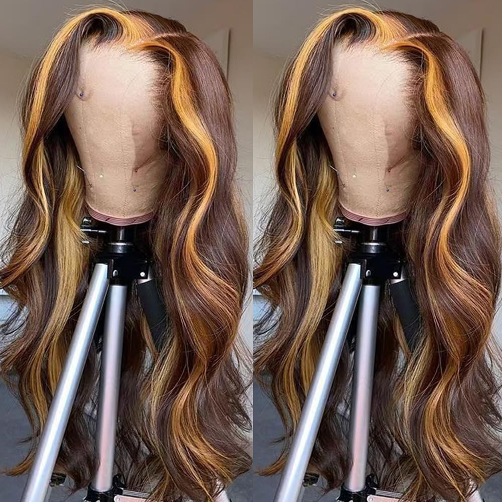 SISIFIRE Blonde Highlight Lace Front Wigs for Women Pre-plucked Hairline Glueless 13X4 Inch Synthetic Lace Front Wig with Baby Hair Long Loose Body Wave Wigs for Daily Party Wig
