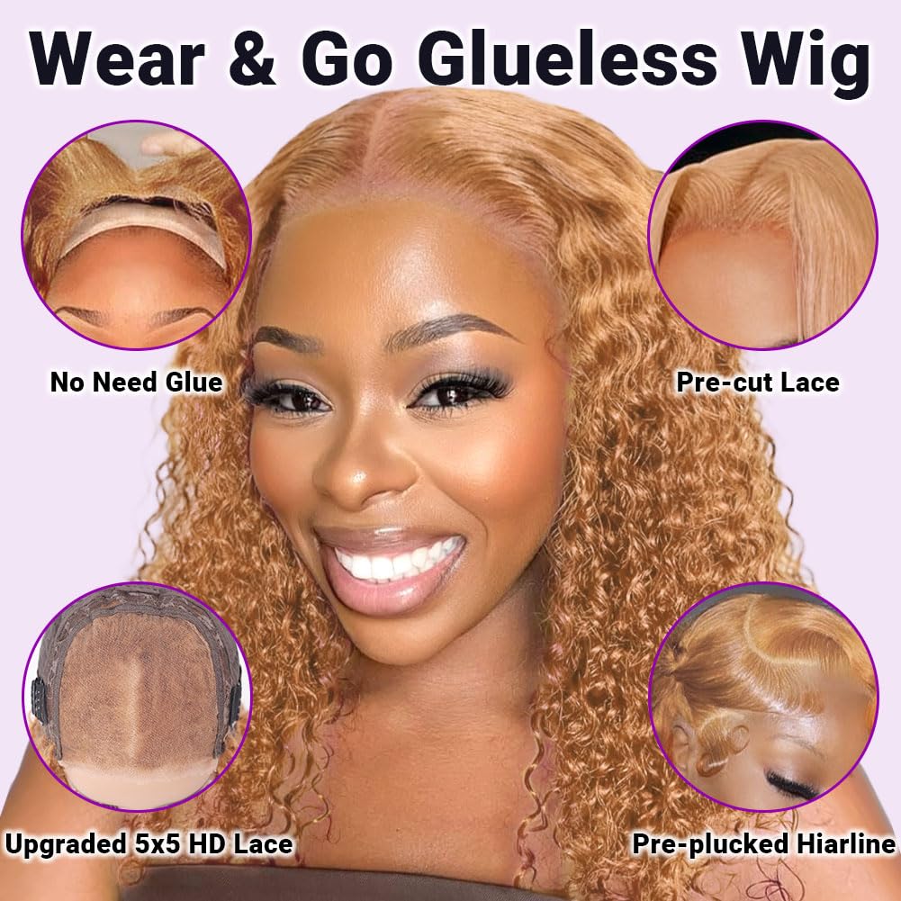 UCUVIC Wear And Go Glueless Wigs Human Hair Pre Plucked Pre Cut Curly 5x5 Deep Wave Bob Wig Human Hair Lace Front Closure Wigs For Black Women 200 Density Curly Wig Glueless Honey Blonde 18 Inch